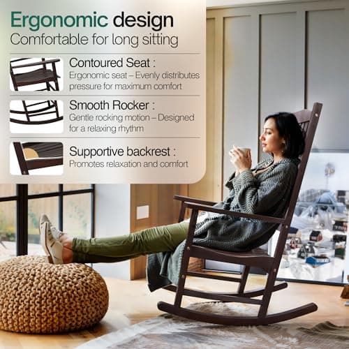 Tranquillo Oasis Wooden Rocking Chair for Patio, Porch, or Indoor Use – Classic Acacia Wood Rocker with Sturdy Frame, Comfortable Slatted Seat, Smooth Rocking Motion – Farmhouse Outdoor Chair