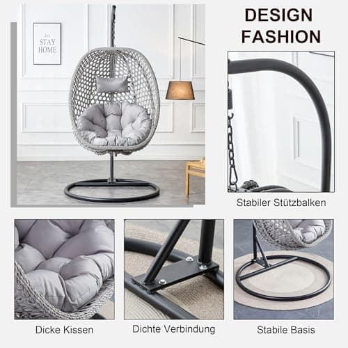 Egg Swing Chair Outdoor with Stand, Hanging Egg Rattan Basket Chair with Cushion and Pillow, Lounge Chairs, Foldable Basket and Metal Stand for Porch, Patio, Bedroom, Balcony,Yard (Grey)