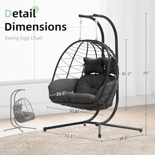 Double Egg Chair wth Stand Hammock Swing Chair Foldable Hanging Loveseat, UV Resistant Removable Cushions, 700LBS Capacity for Bedroom, Balcony, Garden(BK-GR)