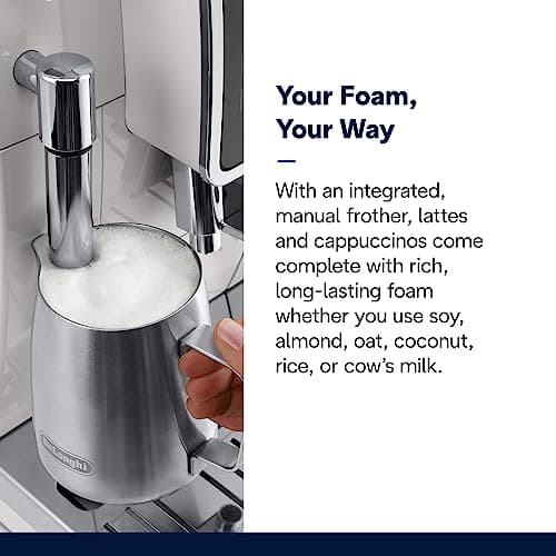 De'Longhi Dinamica Espresso Machine, White - Automatic Bean-to-Cup Brewing, Built-In Steel Burr Grinder & Manual Frother - One-Touch Hot & Iced Coffee - Easy Cleanup