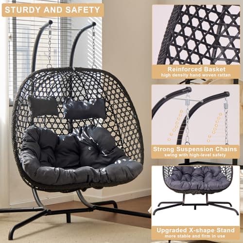 Double Hanging Swing Egg Chair with Stand, Hexagon Wicker Hammock Swing Chair for Outdoor Garden Patio, 2 Person Egg Chair with Foldable Loveseat Removable Cushions (Dark Grey)