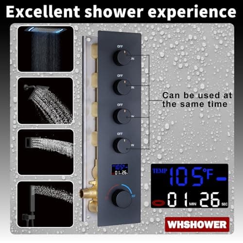 Matte Black Dual Shower Heads Shower System with 26"X16" LED Rainfall Shower Head and 8" Side Showerhead,Digital Display Shower Faucet Set with 6 PCS Body Jets and Handheld Spray