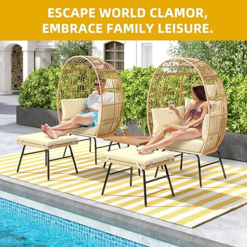 YITAHOME Accent Living Room Egg Chair w/ 2-in-1 Ottoman, Wicker Oversized Basket Chair with 5 Thick Cushions, Footrest, Comfy Recliner Lazy Chair for Indoor, Bedroom, Reading Room, Lounge (Beige)
