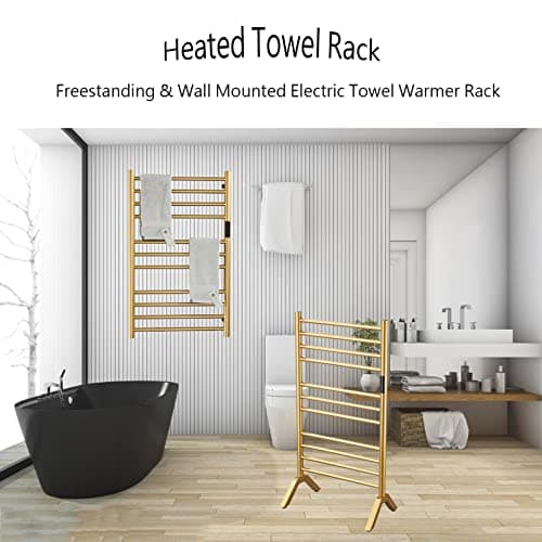 Electric Towel Warmers Radiator with Built-in Timer Gold, 140W Wall-Mounted & Freestanding Heated Towel Drying Rack with 11 Bars, 304 Stainless Steel Heated Towel Rail for Bathroom, Plug-in