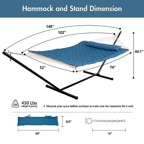 ANOW Double Hammock with Stand Included, Rope Hammock with Detachable Pillow and Pad for Outdoors Indoors, 450 LBS Weight Capacity, Blue