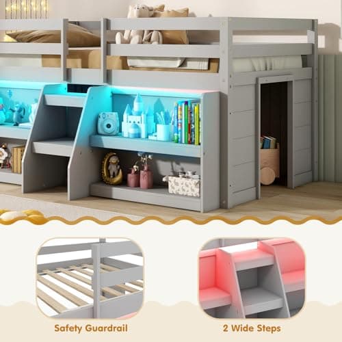 Giantex Low Loft Bed with LED Lights, Wooden Loft Bed Twin Size with Stairs & Safety Guardrail, Loft Bed for Kids with Storage Bookcase and Under-Bed Play Space, Grey