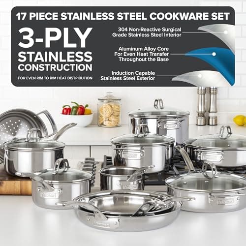 Viking 3-Ply Pots and Pans Set, 17 Piece Stainless Steel Cookware Glass Lids, Steamer Insert, Silver