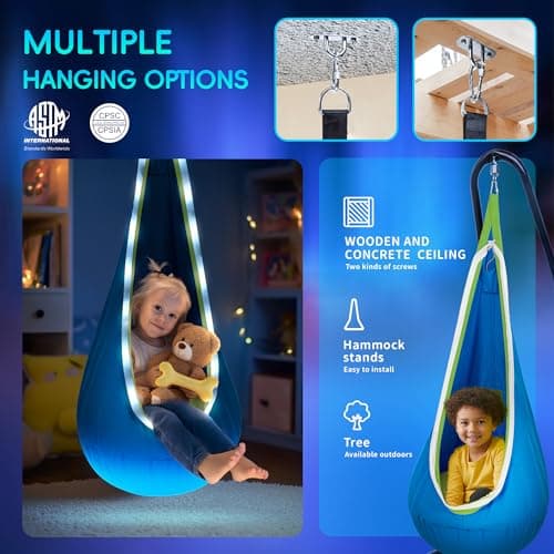 OUTREE Light Up Pod Swing Seat, Sensory Swing with LED Light, Cotton Kids Chair for Indoor and Outdoor, Hammock Chair Easy to Install, Blue