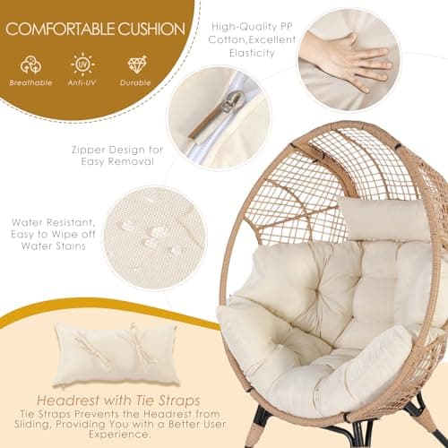 NICESOUL Wicker Egg Chair with Ottoman, Indoor Outdoor Egg Basket Lounge Chair w/Cushion, Oversized Egg Seat with Legs 440 Lbs, Comfy Cozy Boho Style Nest Chair w/Footrest for Patio, Balcony, Beige