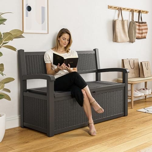 70 Gallon Outdoor Storage Bench Deck Box Lockable for Patio Furniture, Outdoor Porch Bench with Storage Waterproof for Cushions, Garden Tools and Pool Supplies, Grey
