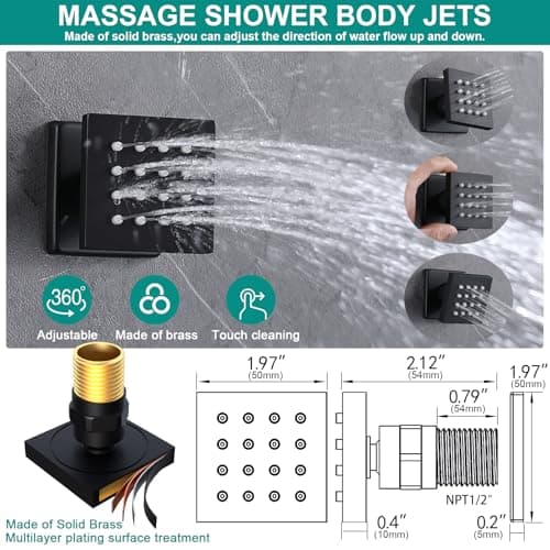 HOMEDEC Double Shower Heads Full Body Shower System with 6pcs Body Jets, 3-in-1 Function 14x20inch and 6inch Showerheads, Rainfall Shower System, Black