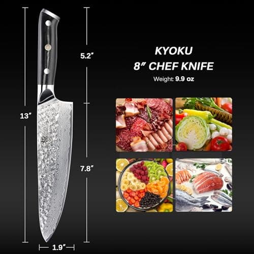 KYOKU Chef Knife - 8"- Shogun Series Japanese VG10 Steel Core Hammered Damascus Blade Kitchen Knife - with Sheath & Case