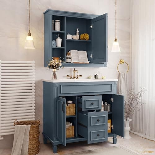 Merax 36" Bathroom Vanity with Sink, 36" Bathroom Vanity Cabinet with Matching Mirror Medicine Cabinet, Bathroom Storage Set (Blue)