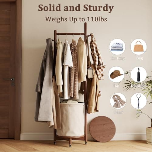 Solid Wood Coat Rack with Fabric Basket - Coat Hanger Stand Coat Tree Rack Freestanding with 9 Hooks Wheels, Small Clothes Rack For Entryway Bedroom Hallway Living Room