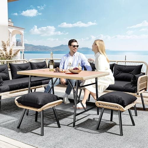 YITAHOME Patio Wicker L-Shaped Furniture Set, All-Weather Rattan Outdoor Conversation Sofa Set for Backyard Deck with Soft Cushions,Ottomans and Plastic Wood Dining Table (Light Brown+Black)