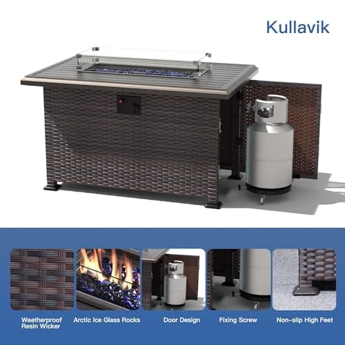 Kullavik 13 Pieces Outdoor Patio Furniture Set with 43" 55000BTU Gas Propane Fire Pit Table PE Wicker Rattan Sectional Sofa Patio Conversation Sets,Grey