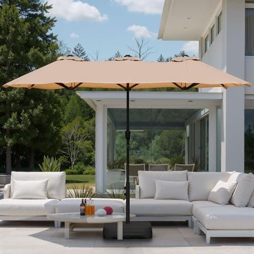 Shintenchi 13FT Large Patio Umbrella with Base, Outdoor Double-Sided Rectangular Shade with Crank Handle for Poolside Lawn Garden, Khaki