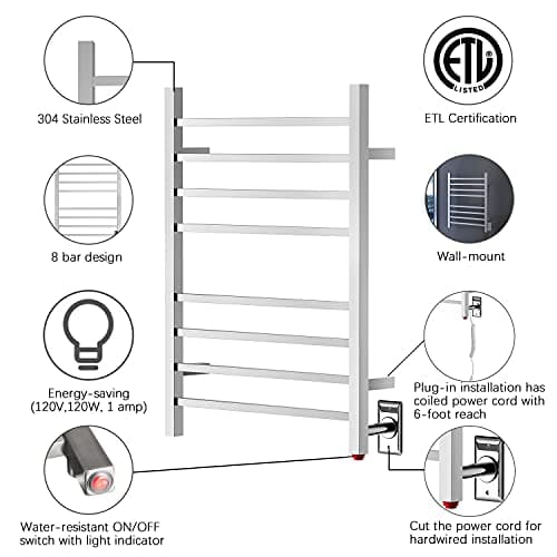 HEATGENE Towel Warmer, Heated Towel Warmer Rack, Wall-Mounted Hardwired/Plug-in Electric Towel Warmers for Bathroom, Hot Towel Rails - Mirror Polish