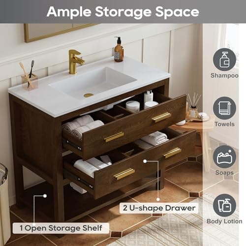 36 Inch Bathroom Vanity with Sink, Farmhouse Storage Cabinet with Drawers & Open Storage Shelf, Easy Assembly, Adjustable Feet, Walnut