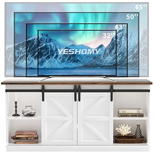 YESHOMY Farmhouse TV Stand and Entertainment Center for Televisions up to 65 Inchs, with Sliding Barn Doors and Storage Cabinets, Console Table and Media Furniture for Living Room, 58 Inch, Milk White