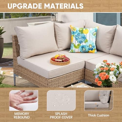 7 Piece Wicker Patio Furniture Set,Outdoor Conversation Sectional Sofa w/Coffee Table,All-Weather Outdoor Sofa with Thick and Anti-Slip Cushions for Deck,Poolside,Garden,Beige