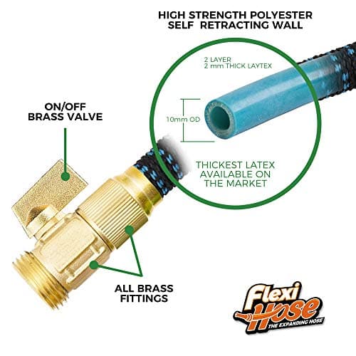 Flexi Hose with 8 Function Nozzle, 100FT - Lightweight Expandable Garden Hose, No-Kink Flexibility, 3/4 Inch Solid Brass Fittings and Double Latex Core