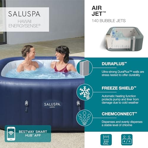 Bestway SaluSpa Hawaii AirJet 4 to 6 Person Inflatable Hot Tub Square Portable Outdoor Spa with 140 AirJets and EnergySense Energy Saving Cover, Blue