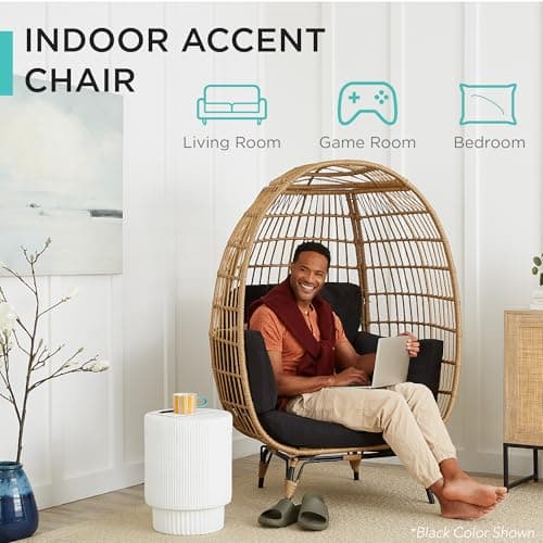 Best Choice Products Wicker Egg Chair, Oversized Indoor Outdoor Lounger for Patio, Backyard, Living Room w/ 4 Cushions, Steel Frame, 440lb Capacity - Gray/Heather Gray