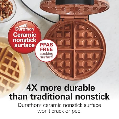 Hamilton Beach Belgian Waffle Maker with PFAS-Free Non-Stick Ceramic-Coated Plates, Browning Control, Indicator Lights, Stainless Steel (26081)