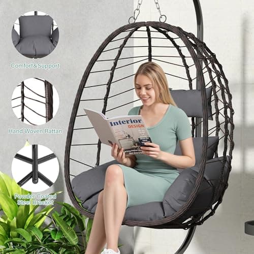 Egg Chair with Stand, Patio Wicker Hanging Chair, Hammock Swing Chair, 350LBS Capacity for Bedroom, Balcony(BR-GR)