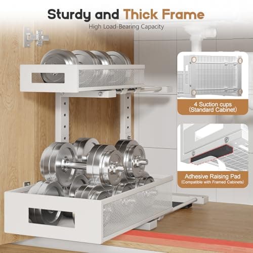 2-Pack Under Sink Storage Organizer, Large 2-Tier Elegant Mesh Pull Out Shelf for Kitchen and Bathroom Cabinet Organization, L-Shaped and Adjustable Height Design for Maximum Space Efficiency-White