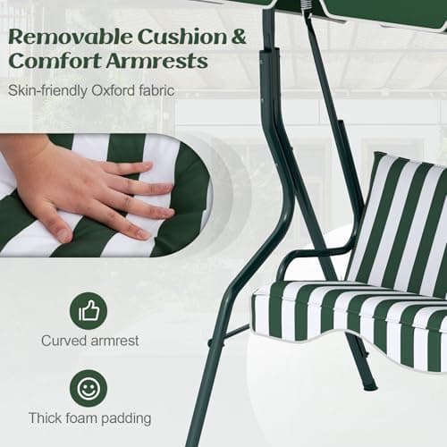 Tangkula 3 Person Porch Swing, Patio Swing with Removable Cushion & Powder-Coated Steel Frame, Outdoor Swing with Canopy for Porch, Backyard, Garden, Balcony (Green)