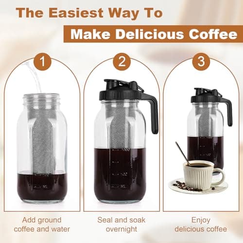 Cold Brew Coffee Maker,64 oz Mason Jar Pitcher with Stainless Steel Filter, Pour Spout Handle Lid, Heavy Duty Glass Airtight & Leak-Proof Pitcher for iced coffee Tea Lemonade