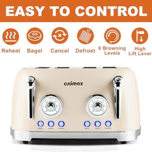 CUSIMAX Retro 4 Slice Toaster With Wide Slots for Bagels, Stainless Steel, 6 Toast Settings, Bagel, Cancel, Defrost & Reheat Functions, Dual Independent Control Panels, Cream