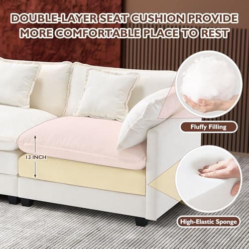 Ihanherry 146" U-Shaped Modern Sofa Modular Sectional Cloud Couch with 2 Ottoman, 6-Seat Chenille Deep Seat Sofa with 6 Pillows for Living Room, Bedroom and Apartment, Beige