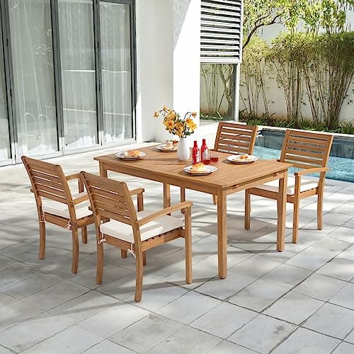 OC Orange-Casual Stackable Patio Dining Chairs Set of 4, Outdoor Acacia Wooden Chairs w/Armrest & Removeable Fabric Cushion, for Porch, Backyard, Garden, Indoor, Beige