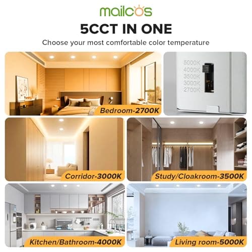 MAILCOS 12 Pack 6 Inch 5CCT Ultra-Thin LED Recessed Ceiling Light with Junction Box, 2700K-5000K Selectable, 1050LM High Brightness, Dimmable Canless Wafer Downlight, 12W 120V, ETL