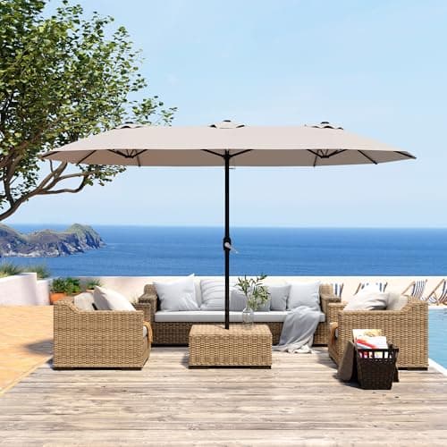 15ft Patio Umbrella with Base,Large Outdoor Double-Sided Rectangle Umbrella with Crank Handle, Market Umbrella for Poolside Garden Deck Backyard Beach Pools, Beige