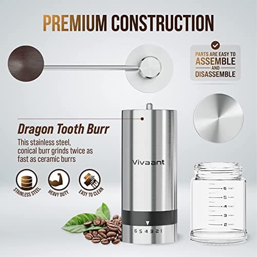 Manual Coffee Grinder — Hand Coffee Grinder with Adjustable Dragon Tooth Stainless Steel Conical Burr, No-Power, Manual Coffee Grinder for Drip Coffee, Espresso, French Press, and More!