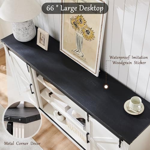 Farmhouse TV Stand for 75+ Inch TV, 32" Tall Entertainment Center w/4 Drawers & Sliding Barn Door, Rustic Media Console w/Storage Shelves, 66" Wood Television Stand for Living Room, Off White
