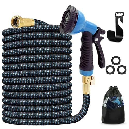J&B XpandaHose 75ft Expandable Garden Hose with Holder - Heavy Duty Superior Strength 3750D - 4 -Layer Latex Core - Extra Strong Brass Connectors and 10 Spray Nozzle w/Storage Bag (Blue 75)