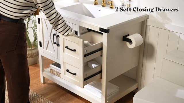 AMERLIFE 36" Farmhouse Bathroom Vanity with Sink Combo, Wood Barn Door Freestanding Small Single Bath Storage Cabinet Set with Sliding Drawers & Open Shelf, Paper Towel Holder, Antique White