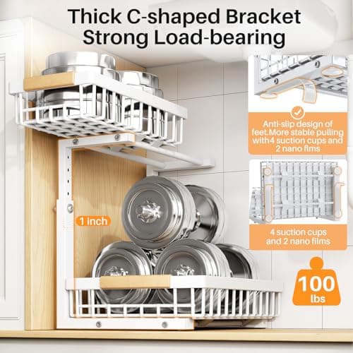 PXRACK 2 Pack Under Sink Organizer,Adjustable Height,2 Tier Pull Out Under Cabinet Organizer,Slide Out Thickened Metal Under Sink Storage for Kitchen Bathroom Laundry Cabinet Pantry,White
