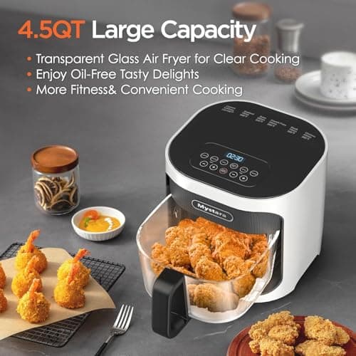 Glass Air Fryer, Digital control panel, 4.5QT Glass Bowl, Hot Air Circulation Technology, Precise Temperature Control, Dishwasher Safe, Transparent and Easy-to-clean Containers(White)