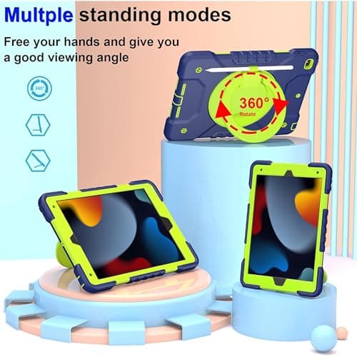 Case for iPad 9th/8th/7th Generation 10.2 inch, Heavy Duty Shockproof Cover with 360° Rotating Handle/Bracket/Pen Holder/Shoulder Strap, Kid Case for iPad 2021/2020/2019, Navy+Green