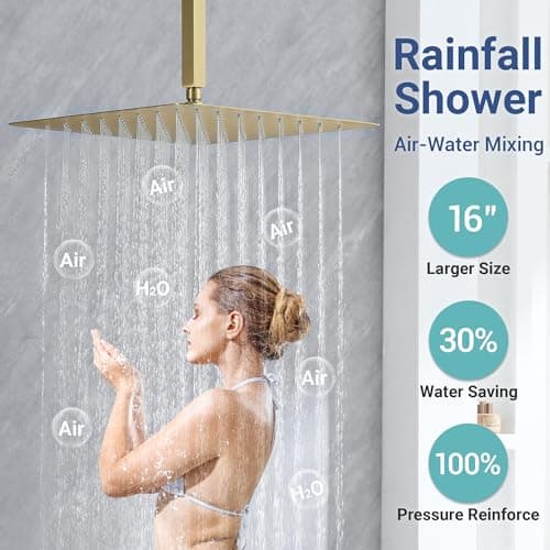 Brushed Gold Thermostatic Shower System with Body Jets, Ceiling 16” Rainfall Shower & Wall Mount 6-Inch Shower Head Luxury Shower Faucet Set with Handheld Spray, Dual Shower Heads Set