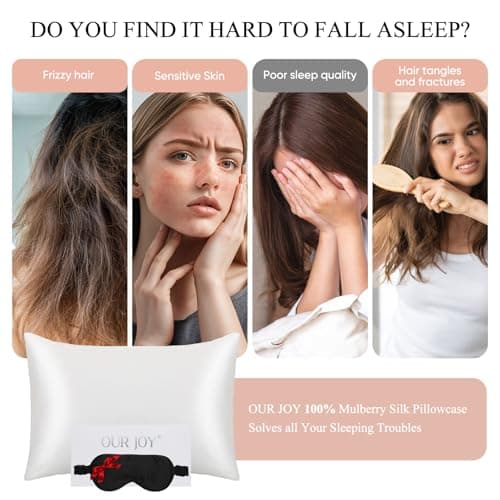 100% Mulberry Silk Pillowcase 22 Momme (SGS Certified) with Free Silk Eye Mask - Luxury Gift-Ready Folded Packaging, Cooling Pillow Cover for Hair & Skin Care (White, Standard (1 Pack))