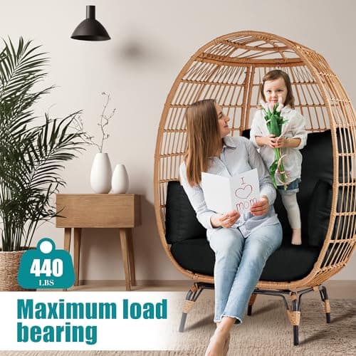 Outdoor Egg Chair, PE Wicker Chair with 4 Thicken Cushions, Patio Chairs 440 lbs Capacity, Oversized Balcony Chairs with Durable Steel Frame Perfect for Balcony, Backyard, Bedroom-Dark Black