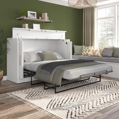 Bestar Nebula 75W Queen Size Murphy Cabinet Bed with Mattress in White, 75-inch Space-Saving Sleeping Arrangement for Multipurpose Guest Room or Home Office
