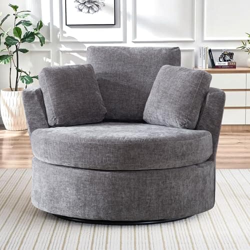 42" W Modern Grey Swivel Barrel Chair with 360° Round Metal Base & Soft Chenille Pillows & Thick Cushion, Comfy Oversized Chaise Longue Indoor Living Room, Bedroom Club Reading Armchair (Gray)